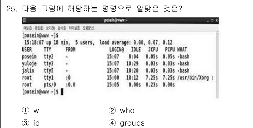 리눅스마스터_1급 2015년 25번 - 주어진 화면 출력은 현재 시스템에 로그인한 사용자 목록을 보여줍니다. 이... 에 관한 핵심 기출문제