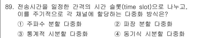 정보처리산업기사 2015년 89번 - 주어진 문제는 전송 시간을 각 채널에 할당하는 다중화 방식에 대한 것입니... 에 관한 핵심 기출문제
