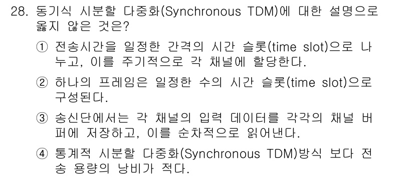 컴퓨터시스템기사(A형) 2015년 28번 - 정답 '3'은 송신단에서 각 채널의 입력 데이터를 각 채널 버퍼에 저장하... 에 관한 핵심 기출문제