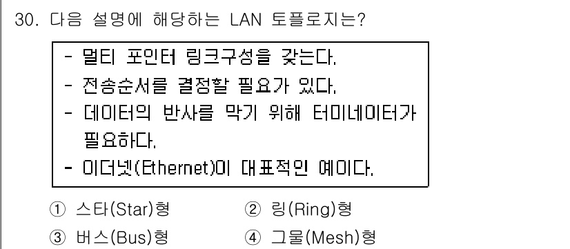 컴퓨터시스템기사(A형) 2015년 30번 - 주어진 설명은 스타(Star)형 토폴로지를 나타냅니다. 스타형은 중앙의 ... 에 관한 핵심 기출문제