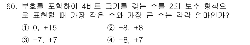 컴퓨터시스템기사(A형) 2015년 60번 - 4비트의 2의 보수 형태에서는 첫 번째 비트가 부호 비트로 사용됩니다. ... 에 관한 핵심 기출문제