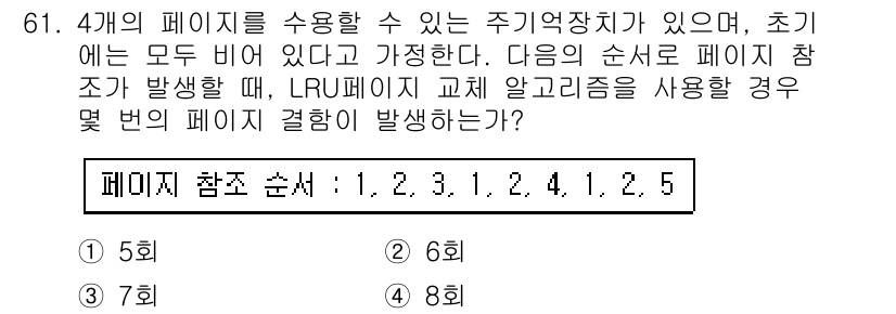 컴퓨터시스템기사(A형) 2015년 61번 - 이 문제는 LRU(Least Recently Used) 페이지 교체 알고... 에 관한 핵심 기출문제