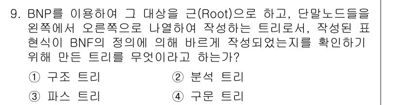 컴퓨터시스템기사(A형) 2015년 9번 - 주어진 문제에서 BNF(Backus-Naur Form)를 사용하여 트리를... 에 관한 핵심 기출문제