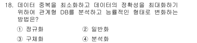 사무자동화산업기사 2015년 18번 - 정답은 '4. 분석화'입니다. 데이터 중복을 최소화하고 데이터의 정확성을... 에 관한 핵심 기출문제