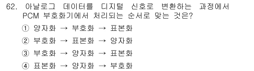 사무자동화산업기사 2015년 62번 - 디지털 신호 변환 과정에서 PCM(펄스 부호 변조)은 아날로그 신호를 디... 에 관한 핵심 기출문제