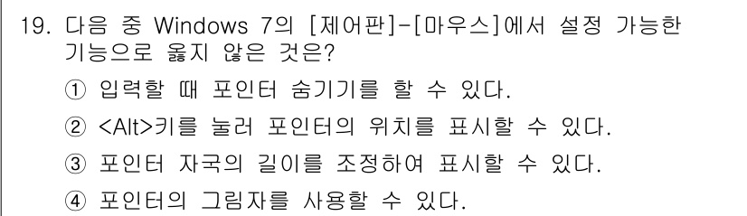 컴퓨터활용능력_1급 2015년 19번 - 정답 '3'은 "포인터 자국의 길이를 조정하여 표시할 수 있다."가 잘못... 에 관한 핵심 기출문제