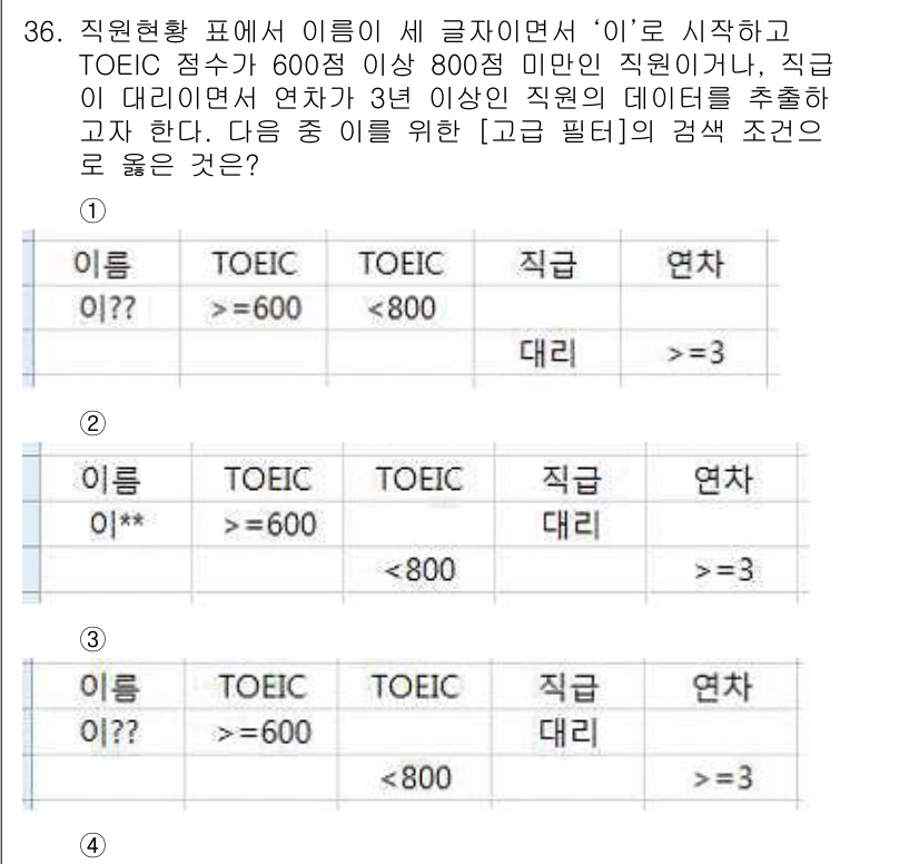 컴퓨터활용능력_1급 2015년 36번 - 주어진 문제의 조건을 보면, "이로 시작하고, TOEIC 600점 이상 ... 에 관한 핵심 기출문제