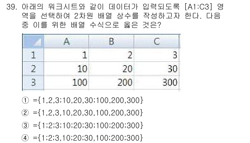 컴퓨터활용능력_1급 2015년 39번 - 해당 문제에서 요구하는 2차원 배열 상수는 배열의 각 행과 열을 분리하여... 에 관한 핵심 기출문제