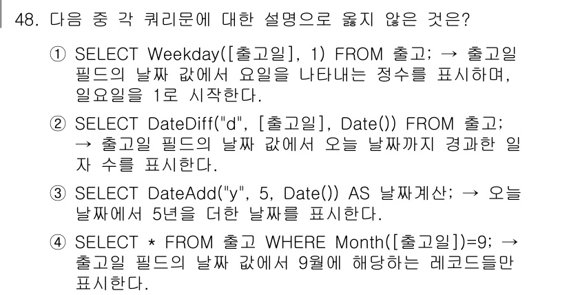 컴퓨터활용능력_1급 2015년 48번 - 주어진 쿼리 문 중에서 4번이 잘못된 설명입니다. 4번 쿼리는 특정 날짜... 에 관한 핵심 기출문제