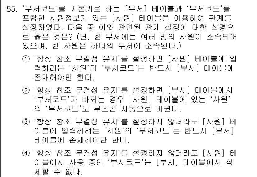 컴퓨터활용능력_1급 2015년 55번 - 해설: 정답 '5'는 '항상 참조 무결성 유지'를 설정하면 원본 테이블(... 에 관한 핵심 기출문제