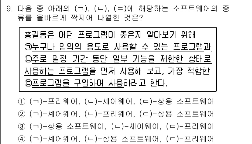 컴퓨터활용능력_2급 2015년 9번 - 주어진 문장의 설명은 소프트웨어의 종류를 구분하는 기준을 제시합니다. (... 에 관한 핵심 기출문제