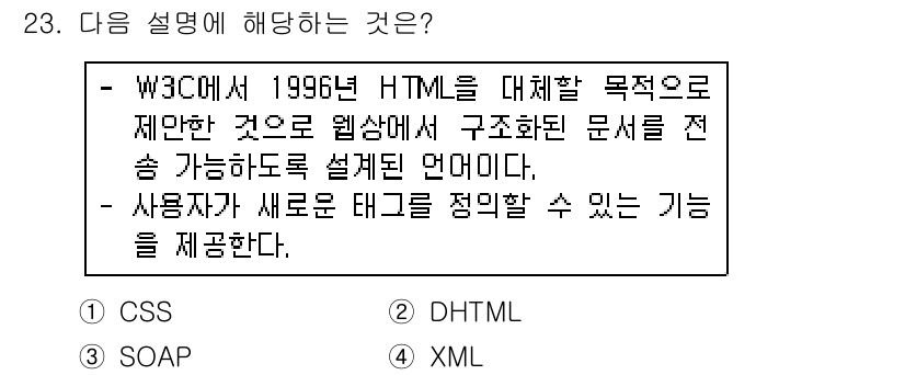 웹디자인개발기능사 2015년 23번 - 주어진 설명은 W3C에서 1996년에 제정한 문서 형식에 대한 내용으로,... 에 관한 핵심 기출문제