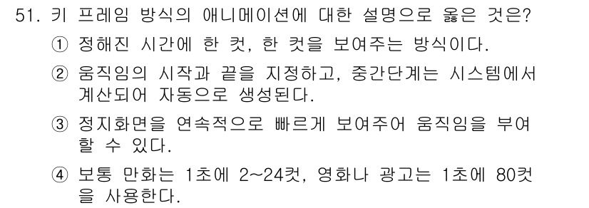 웹디자인개발기능사 2015년 51번 - '키 프레임 방식의 애니메이션'에 대한 설명 중에서 '보통 만화는 1초에... 에 관한 핵심 기출문제