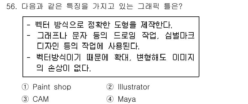 웹디자인개발기능사 2015년 56번 - 정답인 '1'번 Paint shop은 픽셀 기반 그래픽 프로그램으로, 벡... 에 관한 핵심 기출문제