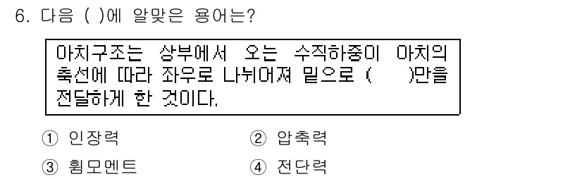 전산응용건축제도기능사 2015년 6번 - 주어진 문장은 아치구조에서 수직하중이 아치의 축선에 따라 잔여로 나뉘어지... 에 관한 핵심 기출문제