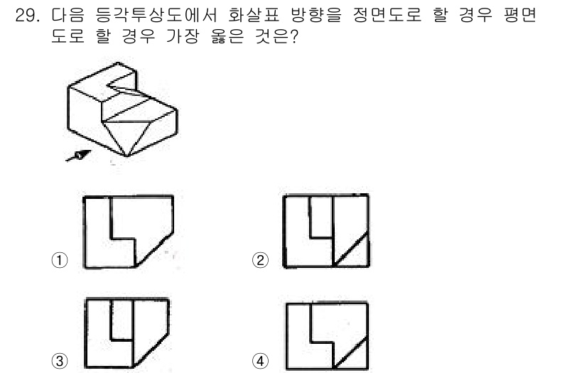 전산응용기계제도기능사 2015년 29번 - 주어진 입체도형을 평면 도식으로 나타낼 때, 화살표 방향을 고려해야 합니... 에 관한 핵심 기출문제