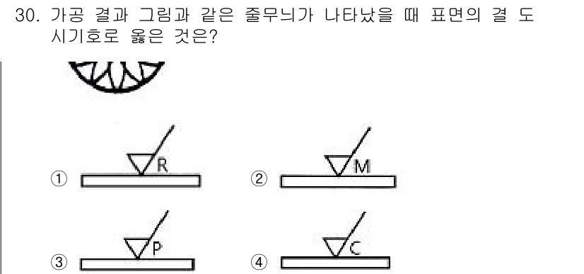 전산응용기계제도기능사 2015년 30번 - 주어진 그림에서 가공 경과 그림과 같은 줄무늬가 나타나려면, 각 도면의 ... 에 관한 핵심 기출문제