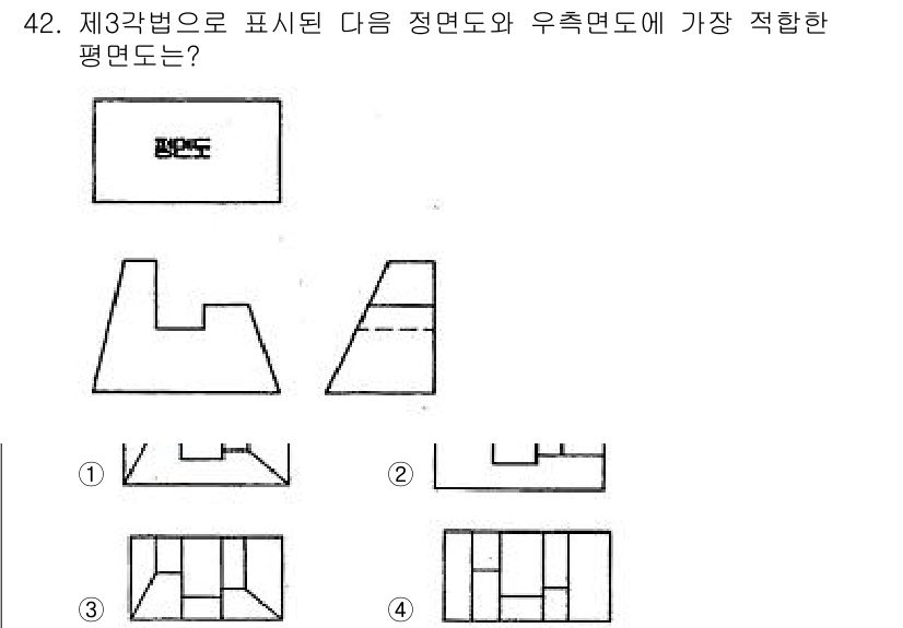 전산응용기계제도기능사 2015년 42번 - 주어진 도면에서 정면도와 우측면도가 나타내는 형태를 고려할 때, 평면도는... 에 관한 핵심 기출문제
