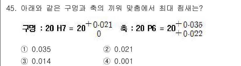 전산응용기계제도기능사 2015년 45번 - 주어진 문제에서 구멍과 축의 공차를 비교하여 적합한 최대 치수를 구해야 ... 에 관한 핵심 기출문제
