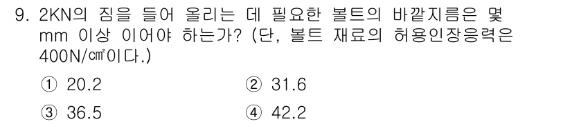 전산응용기계제도기능사 2015년 9번 - 이 문제는 볼트의 허용 인장응력을 사용해 필요한 바깥 지름을 계산하는 것... 에 관한 핵심 기출문제
