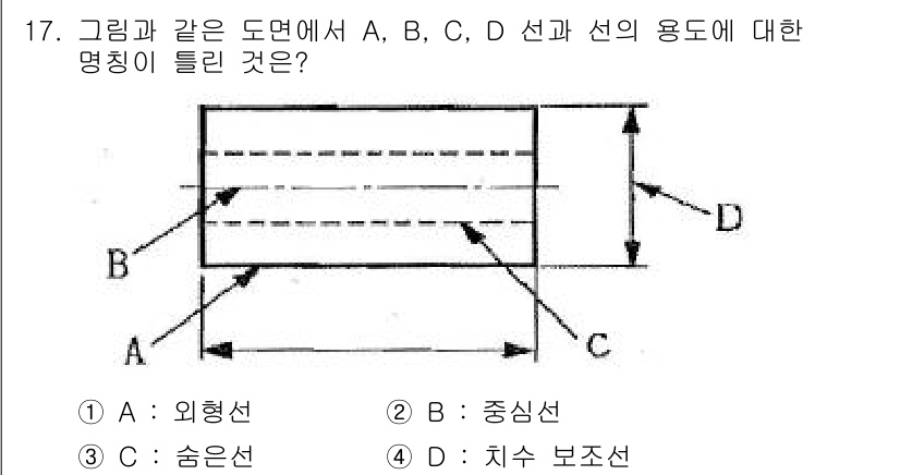 컴퓨터응용선반기능사 2015년 17번 - 이 문제는 각각의 선(A, B, C, D)이 도면에서 어떻게 사용되는지를... 에 관한 핵심 기출문제