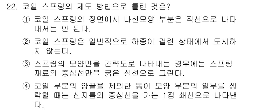 컴퓨터응용선반기능사 2015년 22번 - 정답이 '알 수 없음'인 이유는 주어진 보기들이 코일 스프링의 제도 방법... 에 관한 핵심 기출문제