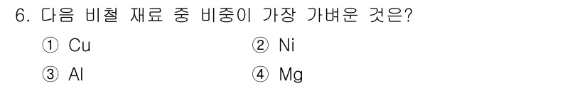 컴퓨터응용선반기능사 2015년 6번 - 알루미늄(Al)은 비중이 낮아 가장 가벼운 금속 중 하나로, 다른 선택지... 에 관한 핵심 기출문제