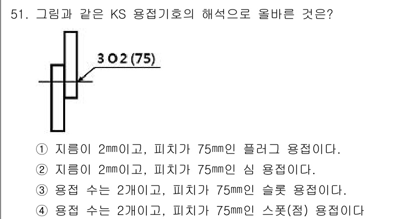 용접기능사 2015년 51번 - 답은 '2'입니다. 지름이 2mm이고 피치가 75mm인 심 용접은 주어진... 에 관한 핵심 기출문제