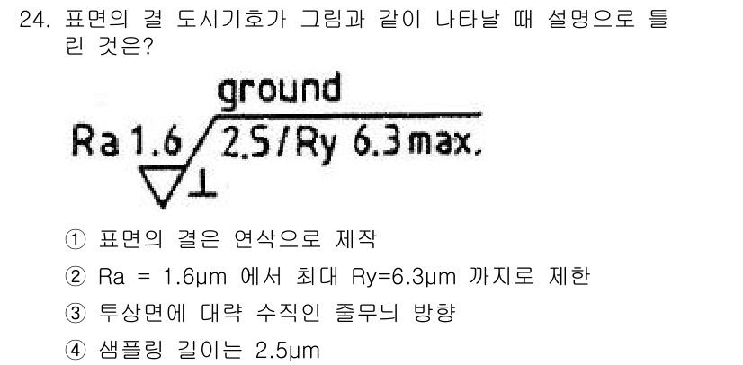 컴퓨터응용밀링기능사 2015년 24번 - 이 문제는 표면 거칠기(Ra, Ry)와 관련된 내용을 다루고 있습니다. ... 에 관한 핵심 기출문제