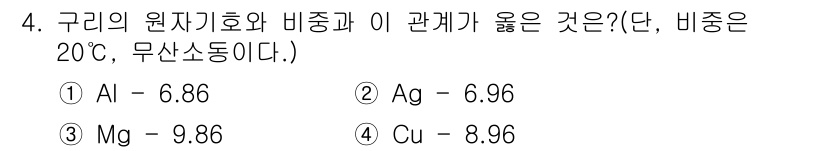 컴퓨터응용밀링기능사 2015년 4번 - 이 문제는 주어진 원자 기호와 비중에 대한 정보를 바탕으로 물질을 식별하... 에 관한 핵심 기출문제
