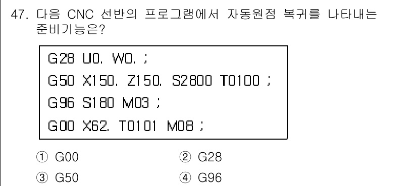 컴퓨터응용밀링기능사 2015년 47번 - 주어진 CNC 프로그램에서는 G28 코드가 자동원점 복귀 기능을 나타냅니... 에 관한 핵심 기출문제