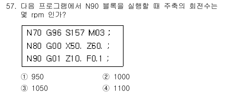 컴퓨터응용밀링기능사 2015년 57번 - 주어진 프로그램에서 N90 블록을 실행할 때 주축의 회전 속도는 N70 ... 에 관한 핵심 기출문제