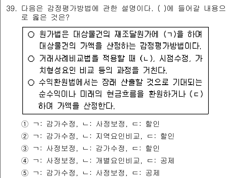 공인중개사_1차 2015년 39번 - 기출문제의 정답이 '3'인 이유는 감정평가 방법의 설명에서 '가'와 '나... 에 관한 핵심 기출문제