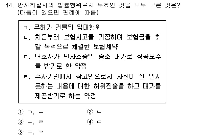 공인중개사_1차 2015년 44번 - 주어진 문제에서 유효하지 않은 사항을 묻고 있습니다. 4번 항목인 '변호... 에 관한 핵심 기출문제
