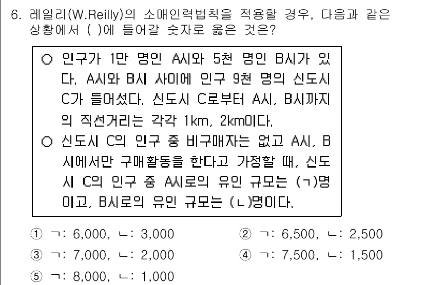공인중개사_1차 2015년 6번 - 이 문제는 레일리의 소매인력법칙을 적용하여 A와 B 지역의 인구 밀도를 ... 에 관한 핵심 기출문제