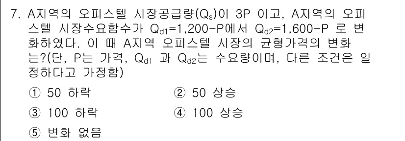 공인중개사_1차 2015년 7번 - A 지역 오피스텔 시장의 공급량 \(Q_s\)은 3P로 주어지고, 수요 ... 에 관한 핵심 기출문제