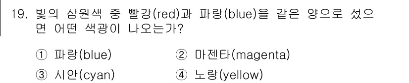 사진기능사 2015년 19번 - 빨강(red)과 파랑(blue)을 같은 양으로 섞으면 마젠타(magent... 에 관한 핵심 기출문제