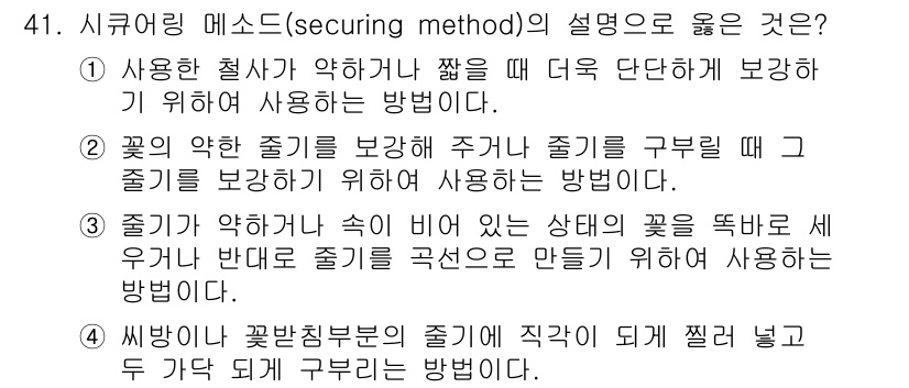 화훼장식기능사 2015년 41번 - '시큐어링 메소드(securing method)'는 꽃을 안정적으로 고정... 에 관한 핵심 기출문제
