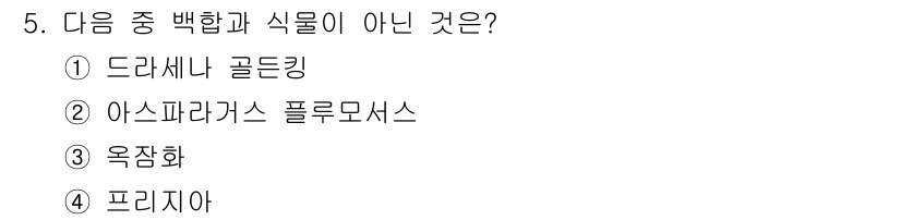 화훼장식기능사 2015년 5번 - 주어진 문제에서 '식물'이 아닌 것은 '옥잠화'입니다. 나머지 선택지인 ... 에 관한 핵심 기출문제