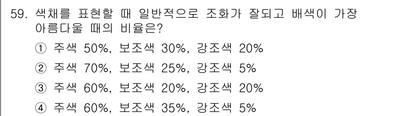 화훼장식기능사 2015년 59번 - 주색이 70%로 가장 많은 비율을 차지하고, 보조색이 25%, 강조색이 ... 에 관한 핵심 기출문제