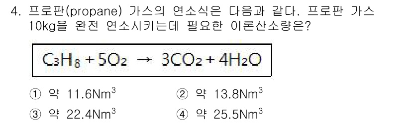 에너지관리기능사 2015년 4번 - 프로판(C3H8)의 연소 반응식에 따르면, 1몰의 프로판이 연소되기 위해... 에 관한 핵심 기출문제