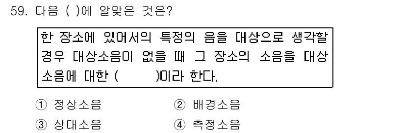 환경기능사 2015년 59번 - 주어진 문제는 특정 장소에서의 소음에 대한 개념을 묻고 있으며, 대상 소... 에 관한 핵심 기출문제