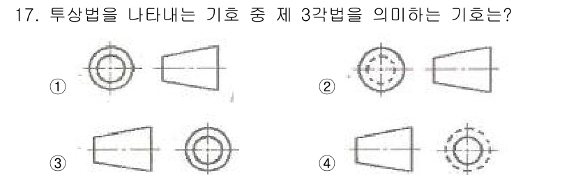 컴퓨터응용밀링기능사 2016년 17번 - 주어진 문제에서 제 3각법을 나타내는 기호는 일반적으로 물체의 측면과 정... 에 관한 핵심 기출문제