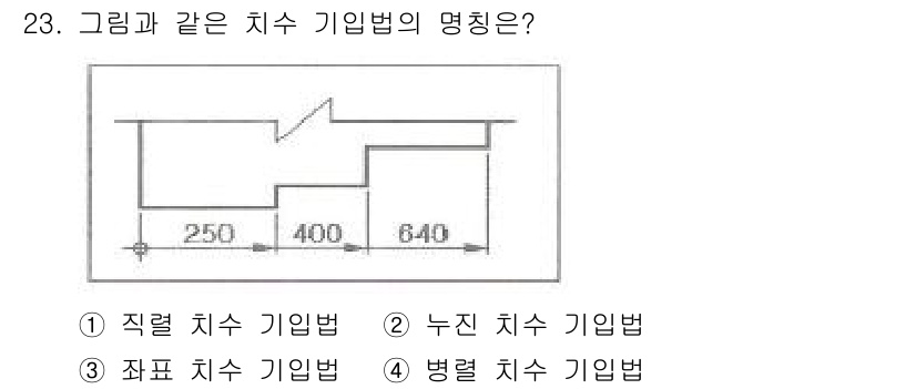 컴퓨터응용밀링기능사 2016년 23번 - 주어진 형상은 병렬 치수 기입법을 사용하여 여러 치수를 동시에 표기하고 ... 에 관한 핵심 기출문제