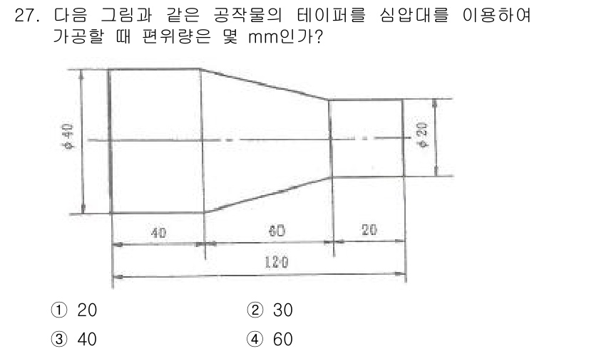 컴퓨터응용밀링기능사 2016년 27번 - 주어진 그림에서 테이퍼 길이에 대한 정보를 바탕으로 편위량을 계산합니다.... 에 관한 핵심 기출문제