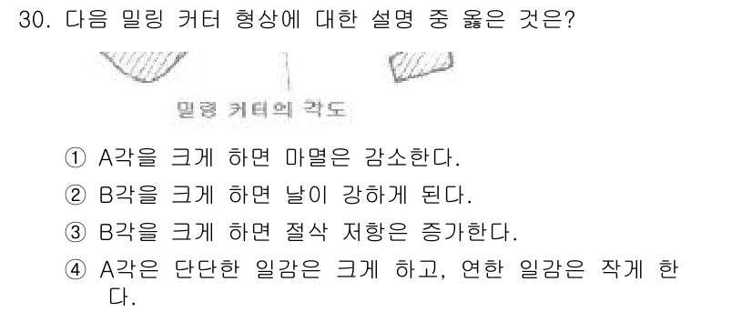 컴퓨터응용밀링기능사 2016년 30번 - A각을 크게 하면 날의 마멸이 감소하는 이유는 각이 커질수록 절삭 저항이... 에 관한 핵심 기출문제