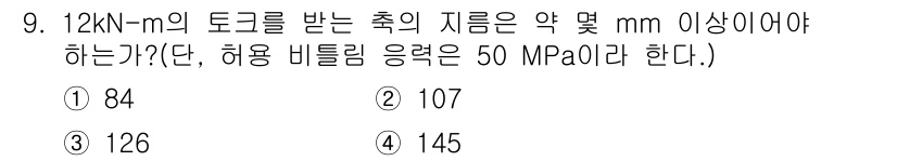 컴퓨터응용밀링기능사 2016년 9번 - 주어진 문제에서 필요한 지름을 구하기 위해서는 토크(T)와 허용 비틀림 ... 에 관한 핵심 기출문제