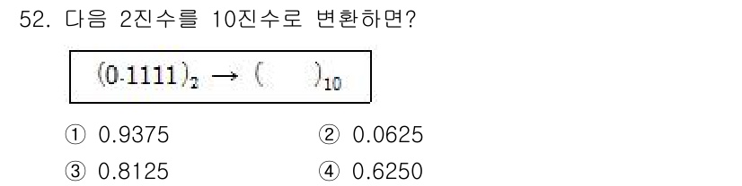 임베디드기능사 2015년 52번 - (0.1111)_2를 10진수로 변환할 때, 각 자리의 값은 1/2, 1... 에 관한 핵심 기출문제