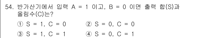 임베디드기능사 2016년 54번 - 주어진 조건에서 입력 A가 1, B가 0일 때 반가산기의 출력 합(S)과... 에 관한 핵심 기출문제