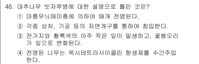 조경기능사 2016년 46번 - 대추나무 빚추병은 병원균에 의해 발생하는 식물 질병으로, 다양한 환경 요... 에 관한 핵심 기출문제